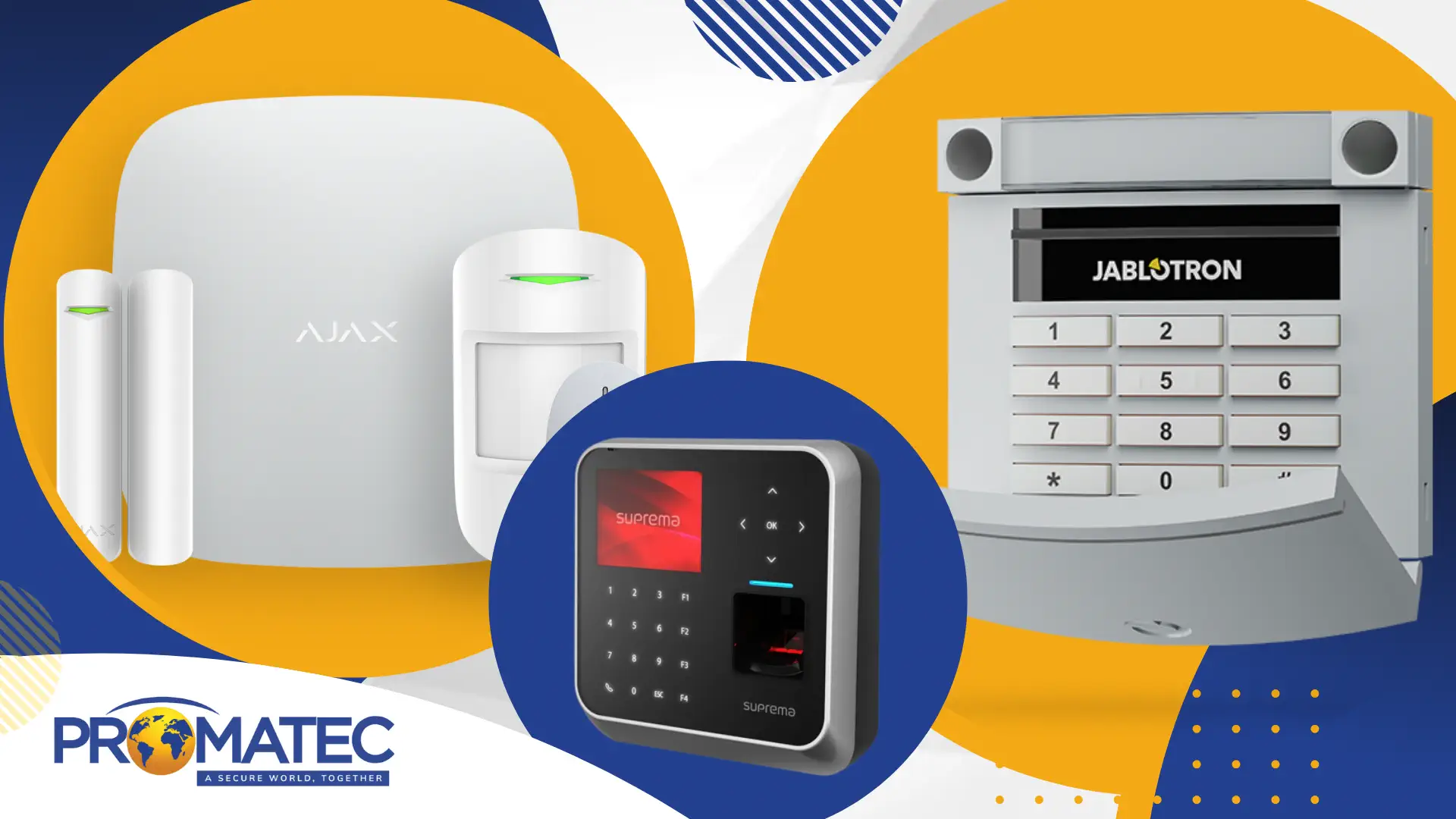 Jablotron Alarm Panel, Suprema fingerprint scanner, and Ajax motion, glass break and magentic opening detector.